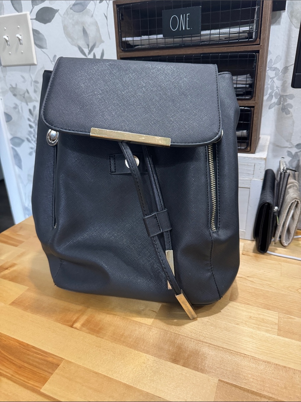 Black Women's Faux Leather Backpack with Gold Hardware